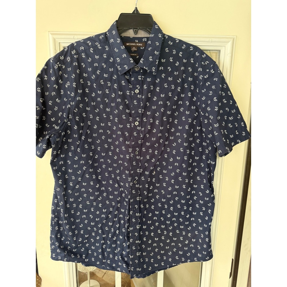 Michael Kors classic fit short-sleeve button-up shirt white geometric print XL